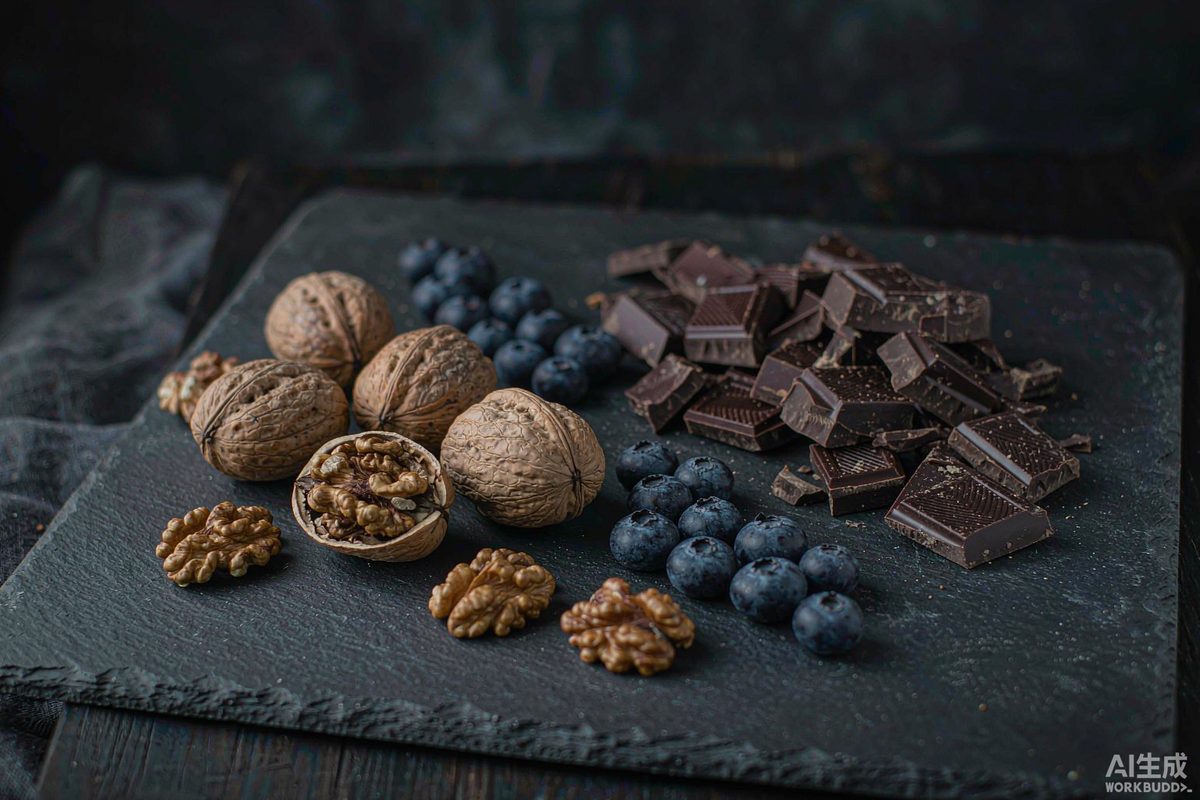 Walnuts, blueberries and dark chocolate on a slate board