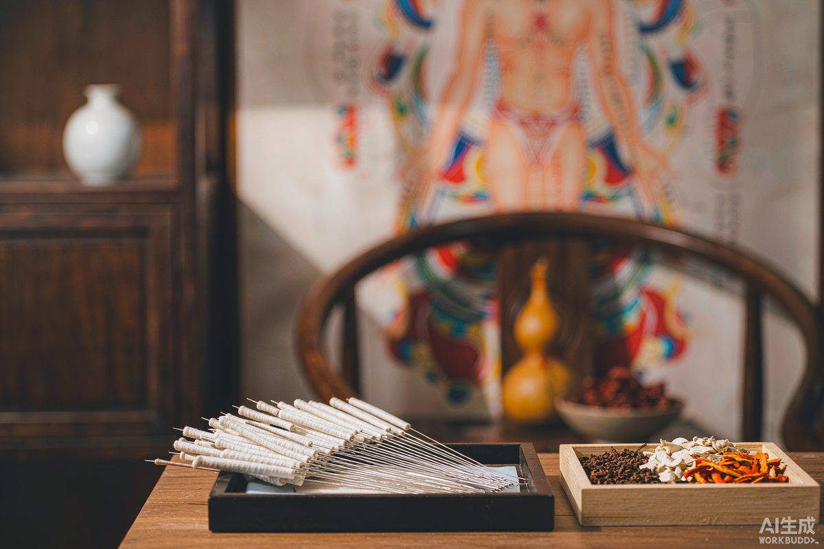 A wooden tray of acupuncture needles and dried Chinese herbs in front of a channel chart β the classical apparatus behind the Kidney-teeth teaching