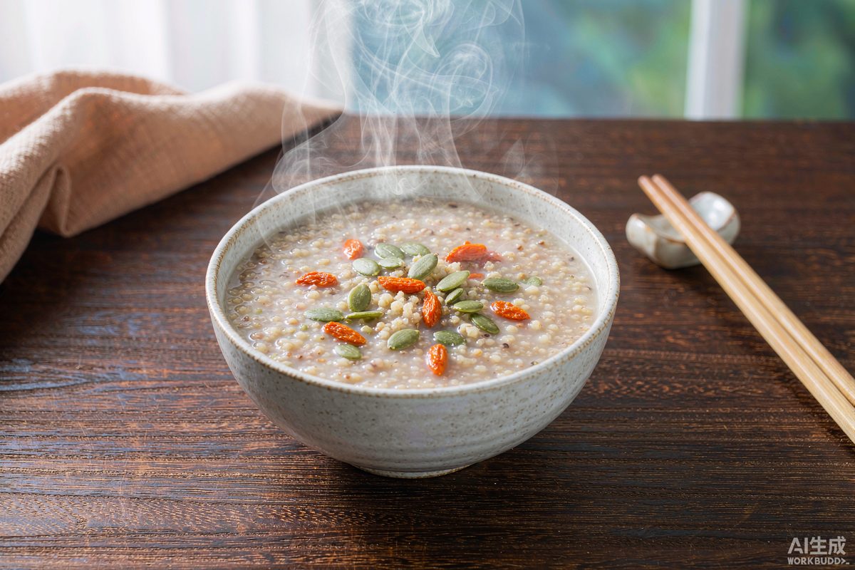 A steaming bowl of eight-grain congee topped with goji berries