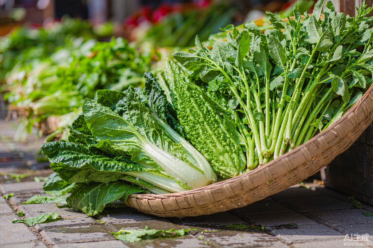 Fresh bitter melon and leafy greens in a bamboo market basket