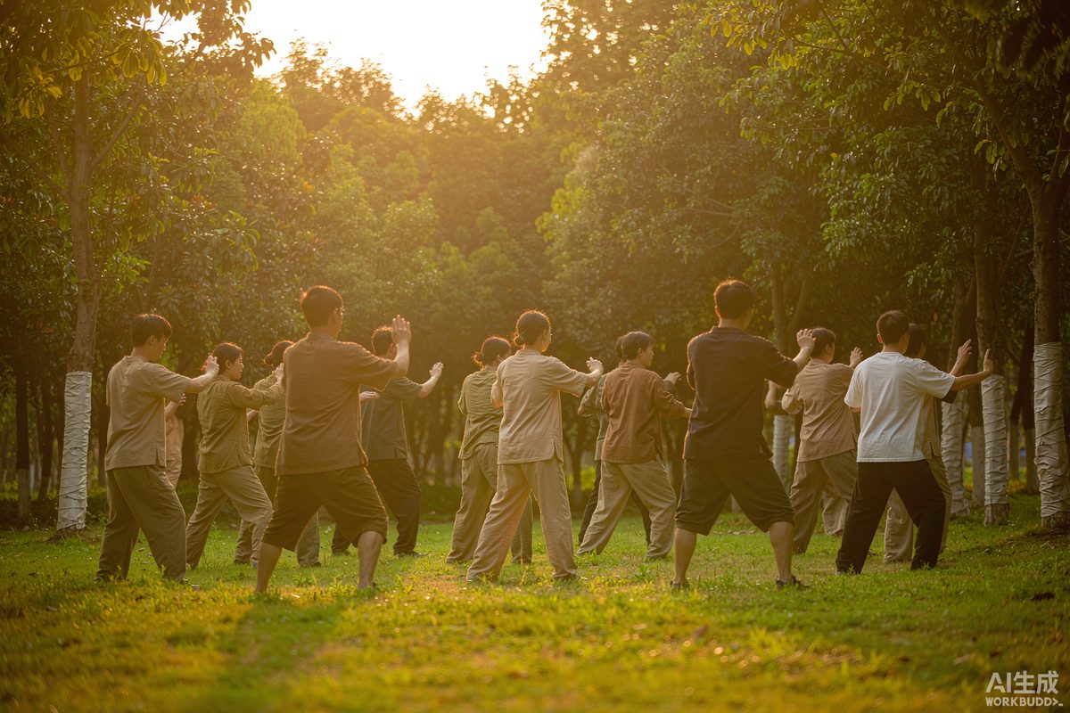 A tai chi group practicing slow, joint-friendly movement in a park