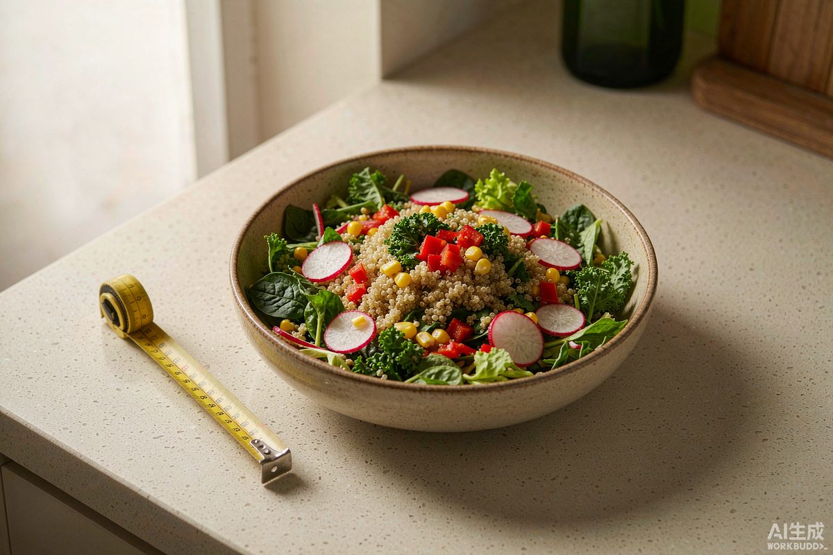 A soft measuring tape beside a bowl of quinoa, greens, and radish on a kitchen counter — the unglamorous business of ratings, measurements, and honest numbers