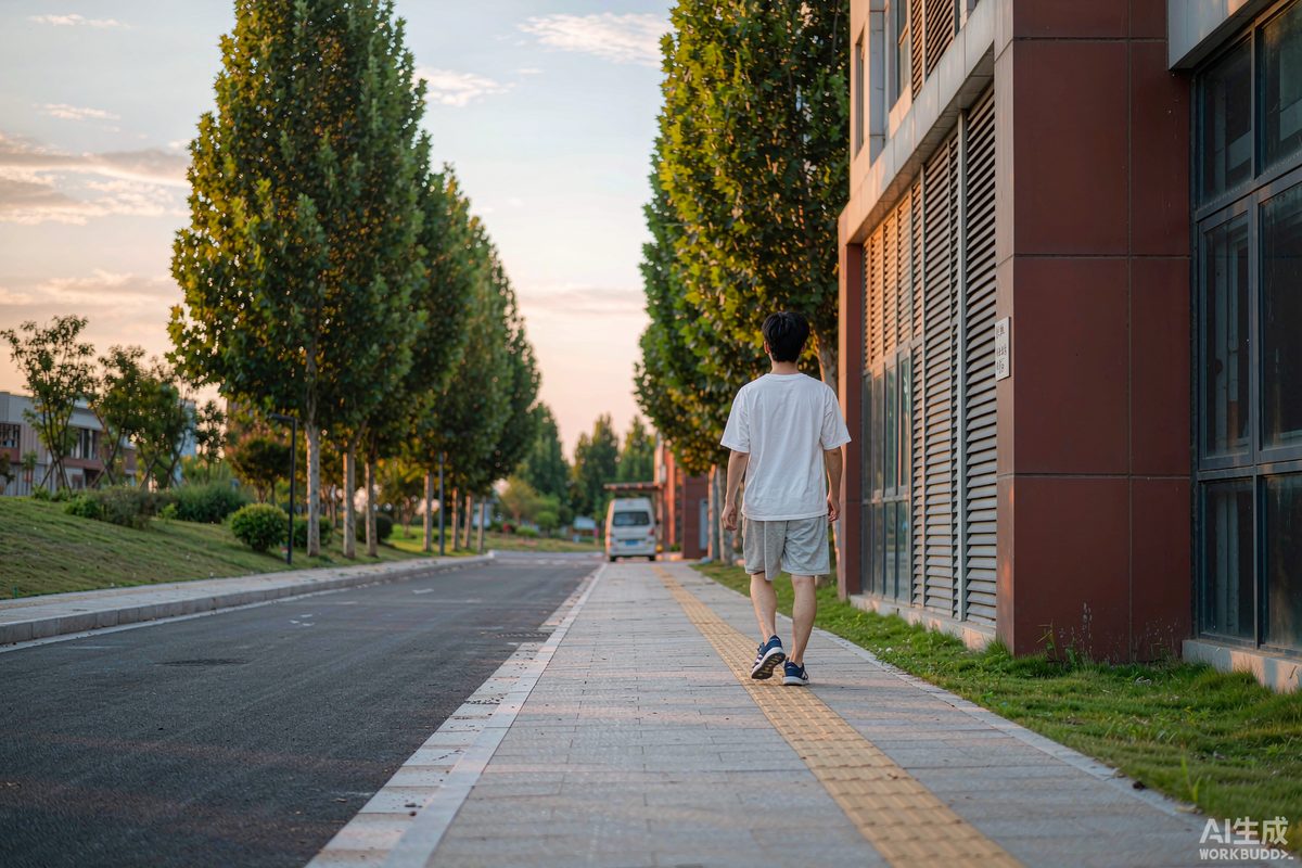 A man walking alone down a wide sidewalk at dusk between trees and buildings — the solitary, unremarkable exercise that stigma research finds people abandon first