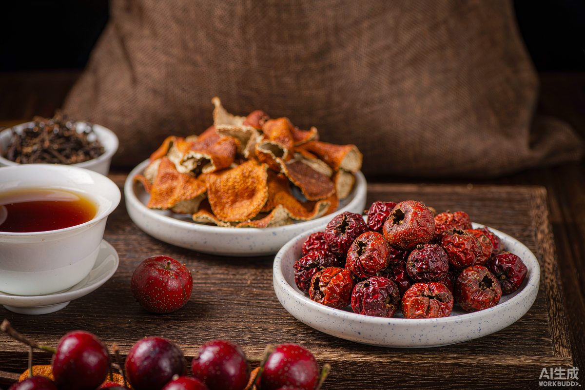 Dried hawthorn berries, aged tangerine peel, and dark tea arranged on a wooden table — the classical Chinese medicine cabinet for constrained qi and the middle burner