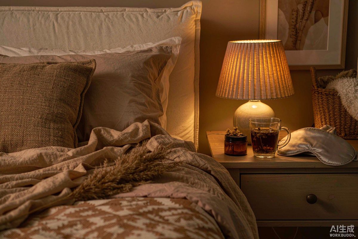 A calm bedroom at dusk with warm lamplight and a cup of herbal tea