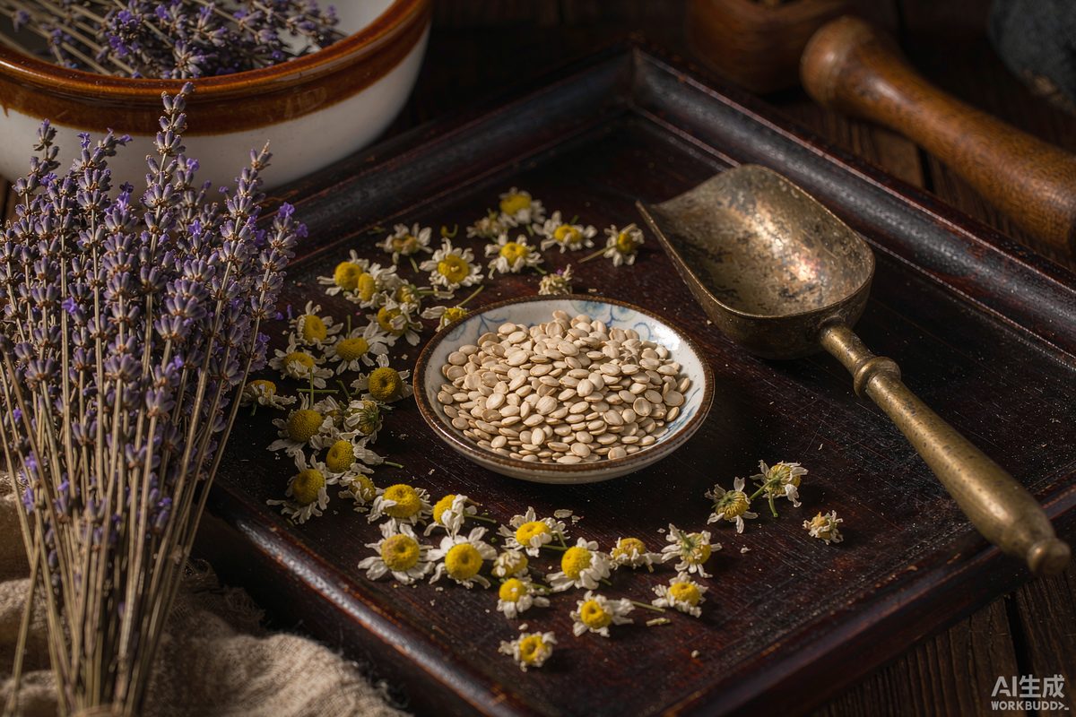 Dried sleep herbs, chamomile, lavender and jujube seeds, on a wooden tray